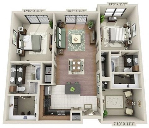 Floor plan for 2 beds, 2.5 baths, 1314 sqft